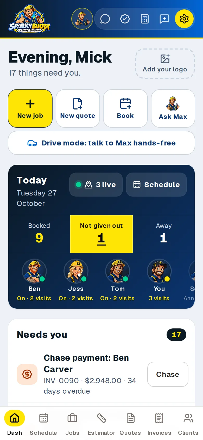 The SparkyBuddy Dashboard on a phone: the greeting with how many things need you, big buttons for new job, quote, booking and Ask Max, and today's crew as faces.