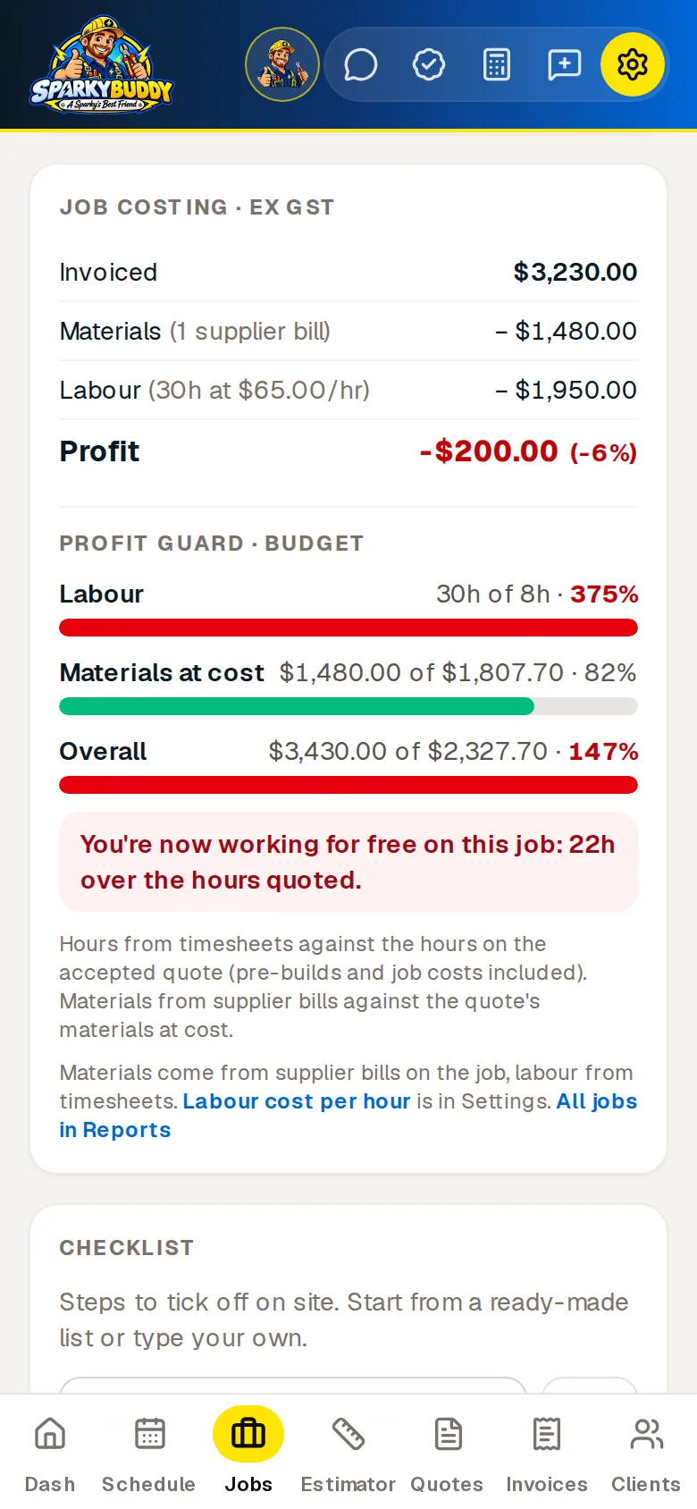 A job's costing on a phone: invoiced, materials, labour and the loss on the job, with bars for hours and materials used against the quote.