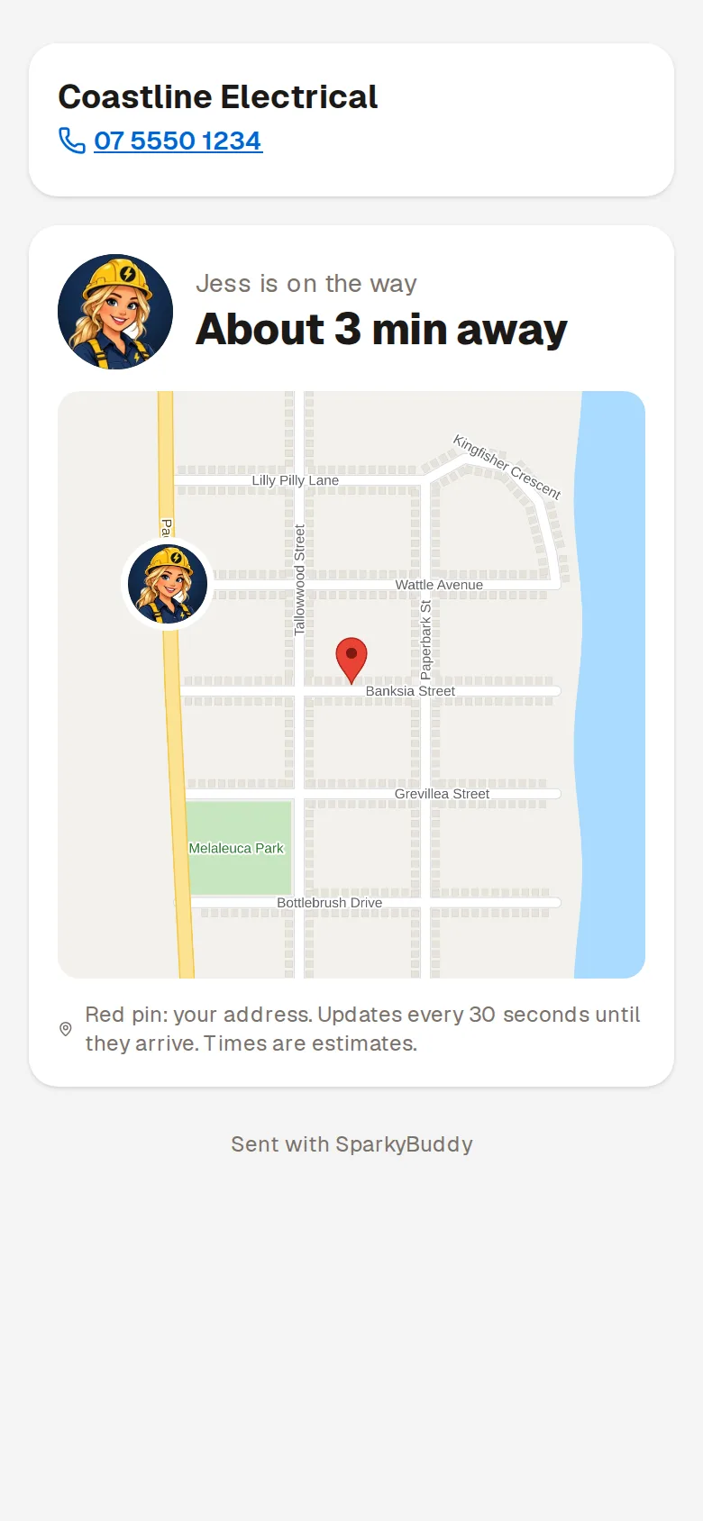 What the customer sees on their phone after On my way: the business name and phone number, Jess's cartoon face with "Jess is on the way" and "About 3 min away", and a map with her face on the road heading towards the red pin on their address.